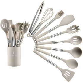 Stainless tube handle silicone insulated tail cover silicone kitchen set 12 pieces silicone spatula spoon 2021 new (size: Small barrel 9-piece set B-clamp)