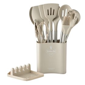 Stainless tube handle silicone insulated tail cover silicone kitchen set 12 pieces silicone spatula spoon 2021 new (size: Large flat barrel - khaki)