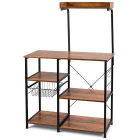 4-tier Kitchen Baker's Rack with Basket and 5 Hooks (Color: Brown)